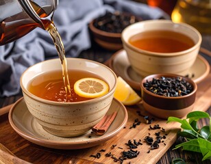 Close-up of amber liquid pouring from a glass server into a ceramic teacup, a lemon slice inside