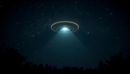 Eerie alien ufo abduction illuminated in night sky