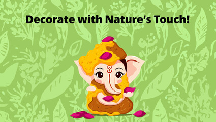 Fototapeta premium Cute ganesha illustration with nature leaves background for decoration