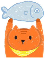 Happy cartoon cat wearing a bow tie holding a fish