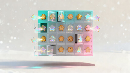 Ein Weihnachtskalender aus Acryl mit 24 T&uuml;rchen und jeden Tag ein Stern als Keks oder leuchtendes Symbol, Pastellfarben mit wei&szlig;em Hintergrund