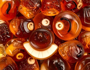 Close-up of amber-hued candies, some shaped like eyes, others with rounded forms. Gummy texture with highlights