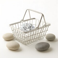 Precious Gemstone in the Basket: A radiant diamond gleams, nestled securely within a minimalist metal shopping basket, accompanied by smooth, natural stones, symbolizing value and acquisition. 