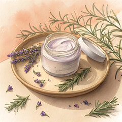 Gentle cream jar with lavender and rosemary sprigs in soft hand-painted digital style illustration