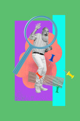 Collage showing HR business concept with magnifying glass condifent woman man push pins symbolizing recruitment search