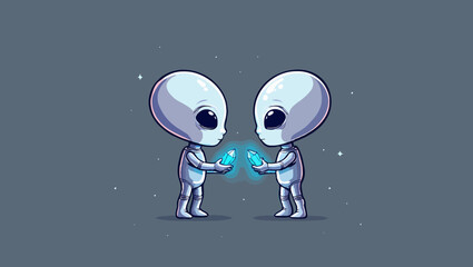 Two cute aliens share a glowing object in a cartoon style illustration