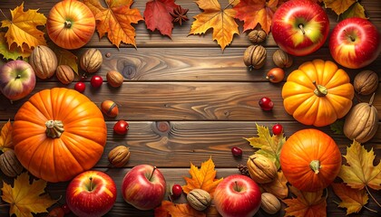 Autumn harvest bounty - Pumpkins, apples, and fall leaves on wood.