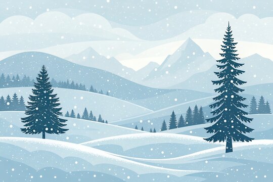 Serene winter landscape with snow falling on pine trees and mountains - Powered by Adobe