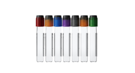 Collection of Seven Blood Collection Tubes with Colored Caps isolated on a transparent background