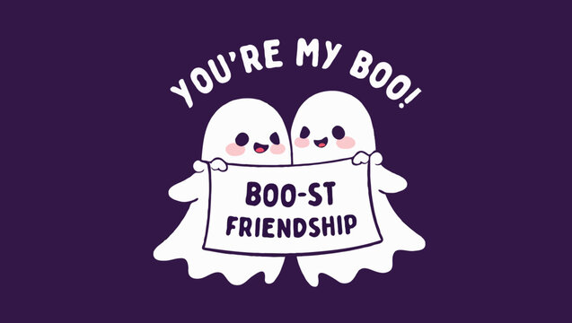 Cute halloween ghosts holding a banner with boost friendship text illustration