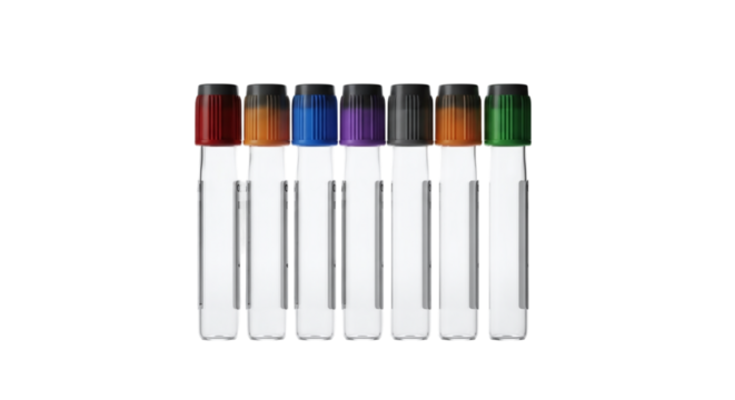 Collection of Seven Blood Collection Tubes with Colored Caps isolated on a transparent background