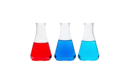 Three Laboratory Flasks with Colored Liquids beakers isolated on a transparent background