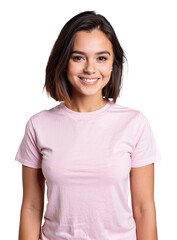 Fototapeta premium Portrait of a young woman wearing a pink t-shirt, isolated, transparent background, no background. PNG.