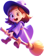 Halloween 3D illustration of a witch riding a magic broom