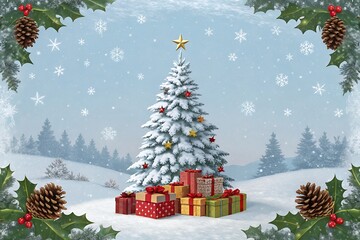 Snowy christmas tree surrounded by gifts in a winter wonderland