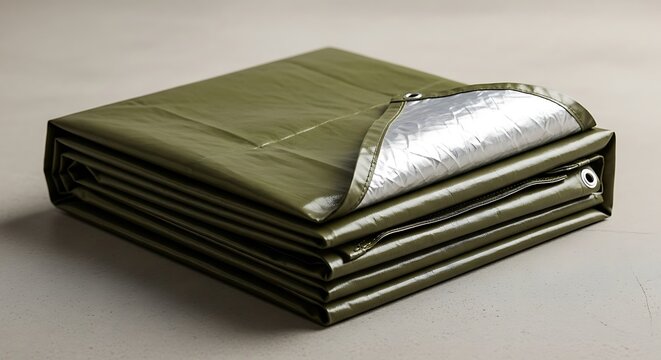 Folded olive green tarp with silver lining detail for weather protection