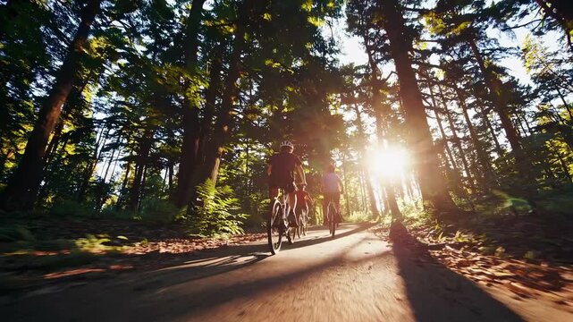 Low-angle video shot of cyclists riding through a sunlit forest path, capturing the dynamic movement and serene natural surroundings.