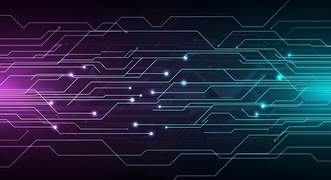 Abstract Digital Network Background with Glowing Data Lines. Tech Circuit Concept in Purple and Cyan Gradient.