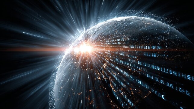 Stunning digital Earth with glowing light streams and binary code overlay for futuristic technology or global network communication concepts
