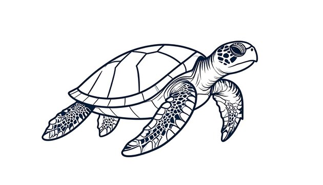 Line drawing of a sea turtle in profile, with detailed textures on its flippers and head, featuring geometric patterns on its carapace
