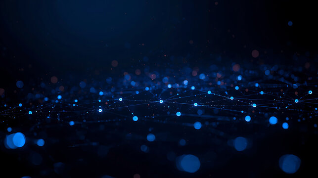 Abstract futuristic technology background with glowing nodes and connecting lines in deep blue and red color scheme