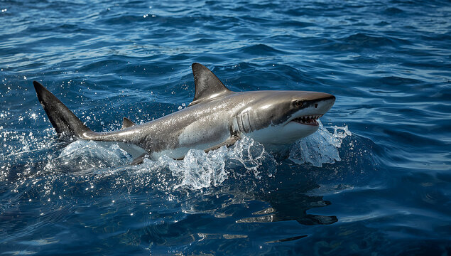 Great white shark jumping out of the ocean - Powered by Adobe
