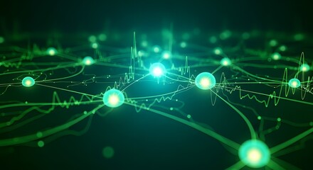 Abstract Green Digital Network with Glowing Nodes, Interconnected Lines, and Data Waveforms for Information Flow