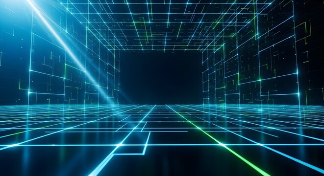 Futuristic Digital Grid Tunnel. Abstract Cybernetic Data Network Background with Glowing Blue and Green Lines.
