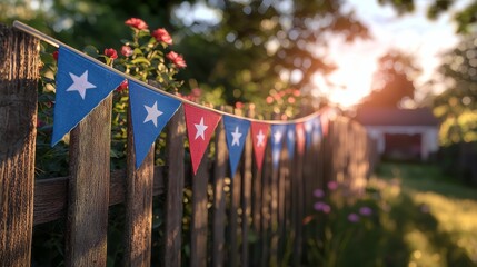 Red White And Blue Bunting Flags On Wooden Fence In Garden At Sunset