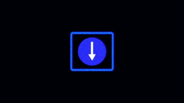 Blue Down Arrow Icon Inside Square Frame with Glowing Outline on Black Background. Futuristic blue arrow pointing downward within a luminous square, expressing motion and digital design.