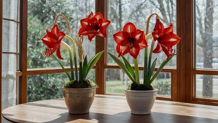 Elegant amaryllis flowers with large, trumpet-shaped red and white blooms near the window