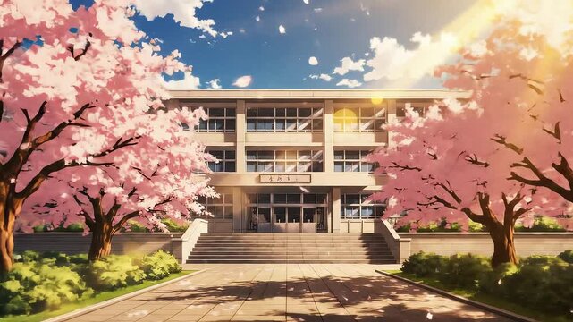 Anime High School Courtyard Under Morning Sunlight - AI Generated