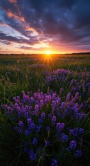 Obraz premium Brilliant golden hour light illuminates a sweeping meadow covered in vibrant violet-blue wildflowers under a stunning, colorful evening sky ,outdoors ,light ,Landscape