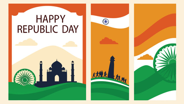 Set of three republic day illustrations featuring indian landmarks, flag, and cultural symbols in orange, white, and green color scheme
