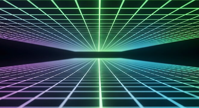 Retro 80s neon grid background with vibrant gradient colors. Abstract digital synthwave perspective.