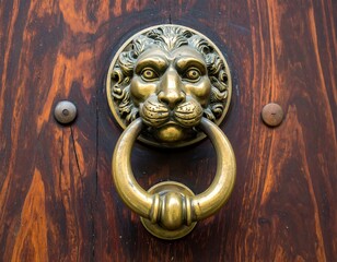 Close-up of an aged wooden door with a bronze lion-head door knocker. The dark wood has interesting grain