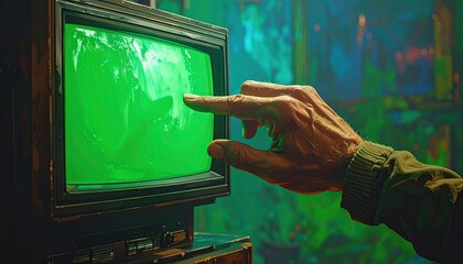 Close-up of an aged hand touching a classic, outdated TV screen glowing green, set against a blurry, colorful backdrop