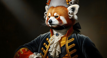 Regal Red Panda: A portrait of a sophisticated red panda, adorned in elegant historical attire, exudes an air of timeless class and charm.