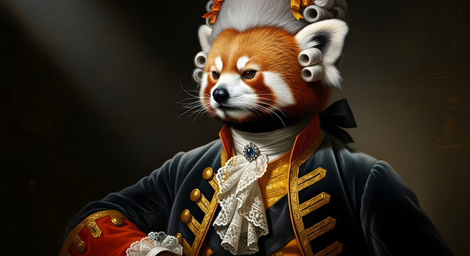 Regal Red Panda: A portrait of a sophisticated red panda, adorned in elegant historical attire, exudes an air of timeless class and charm.