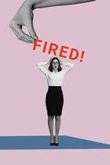 Trendy 3d vertical photo collage of shocked girl stand fired letters hand control puppet exploitation jobless employee dismissal
