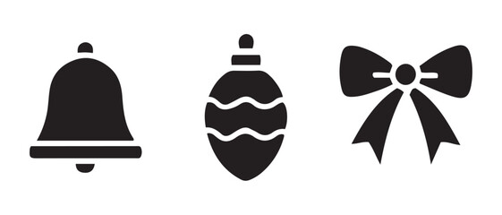Christmas Icon Set. Bell, Ornament, and Bow Silhouettes.