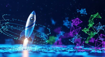 Conceptual 3 d rendering of a rocket ship launching in a digital universe