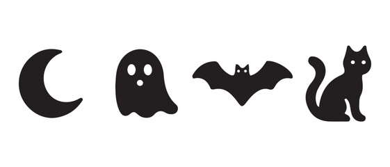 Spooky Halloween Silhouette Icons. Crescent Moon, Ghost, Bat, and Cat in Black for Seasonal Design and Decor.
