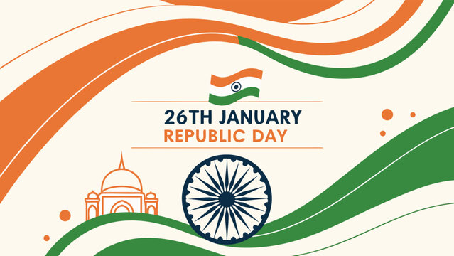 Elegant republic day banner featuring the taj mahal and the ashok chakra, adorned with orange, white, and green waves