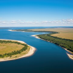 A wide-angle landscape shot capturing the transition where a winding, blue river flows into a large, calm freshwater lake under clear skies, ripple, upstream, formation