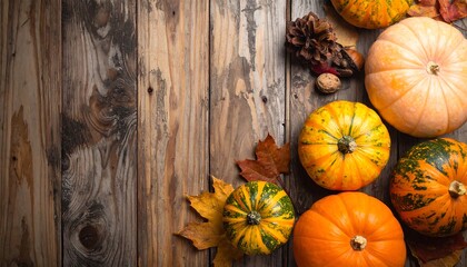 Autumn Harvest - Pumpkins and Gourds on Rustic Wood.