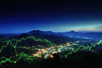 Vibrant city lights and green data visualization over the landscape at night from a mountain viewpoint