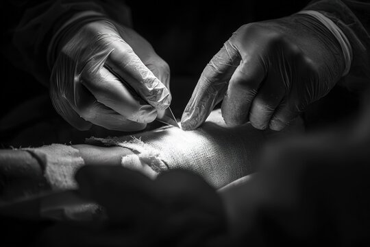 Surgeon performing delicate suturing on a patient in an operating room during a surgical procedure - Powered by Adobe