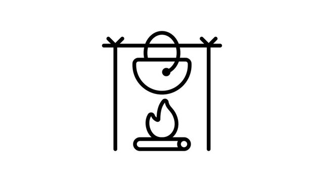 A hanging pot over a fire, symbolizing outdoor cooking and camping.