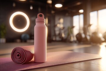 Water bottle and yoga mat in a modern gym with sunlight shining through large windows